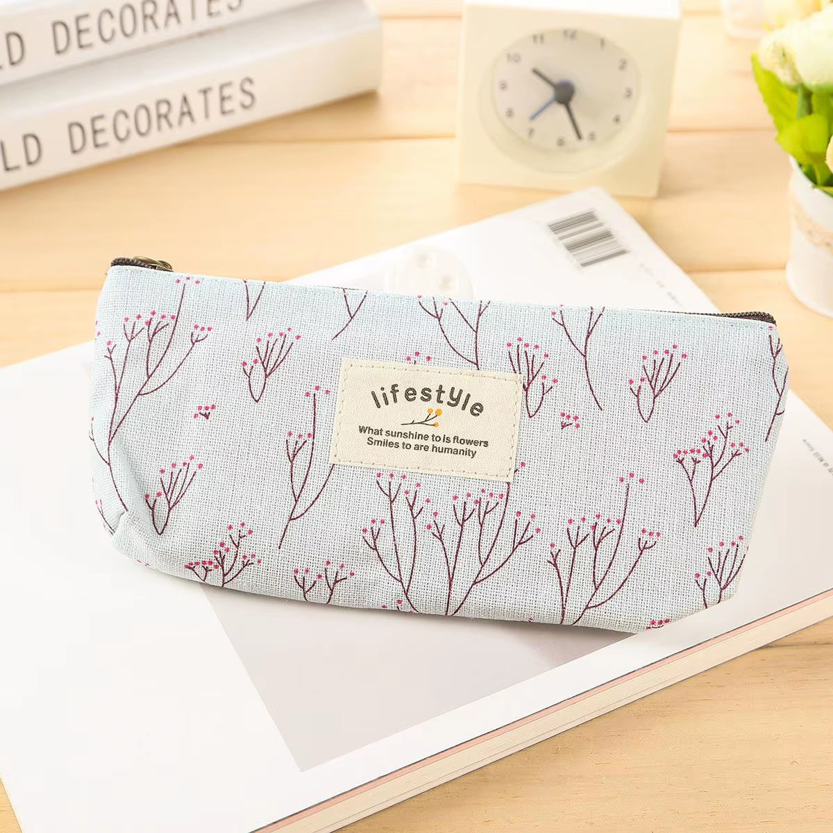 Cute Kawaii Floral Flower Canvas Zipper Pencil Cases Lovely Fabric Flower Tree Pen Bags School Supplies