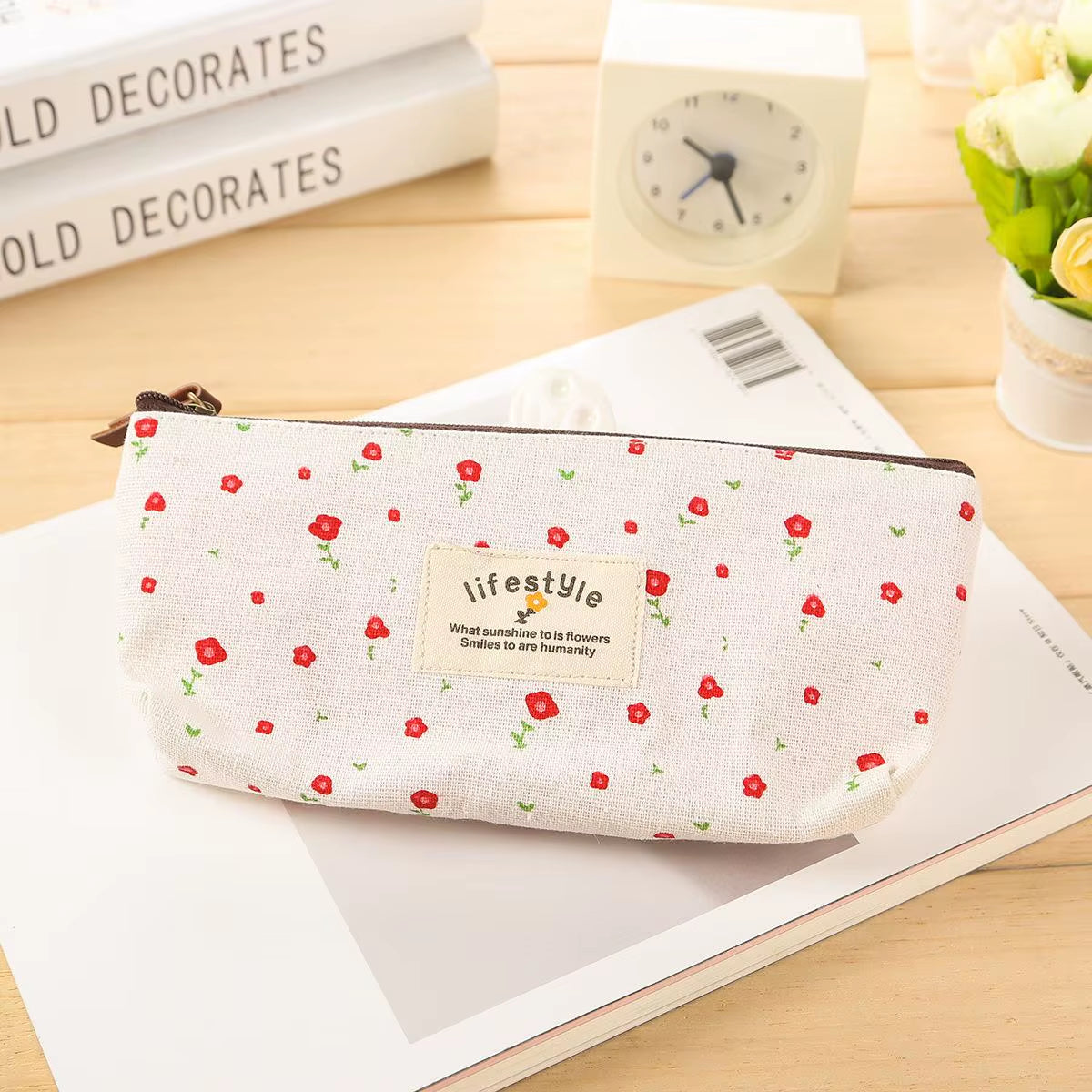 Cute Kawaii Floral Flower Canvas Zipper Pencil Cases Lovely Fabric Flower Tree Pen Bags School Supplies