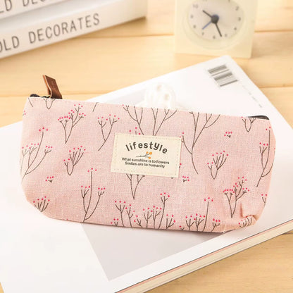Cute Kawaii Floral Flower Canvas Zipper Pencil Cases Lovely Fabric Flower Tree Pen Bags School Supplies