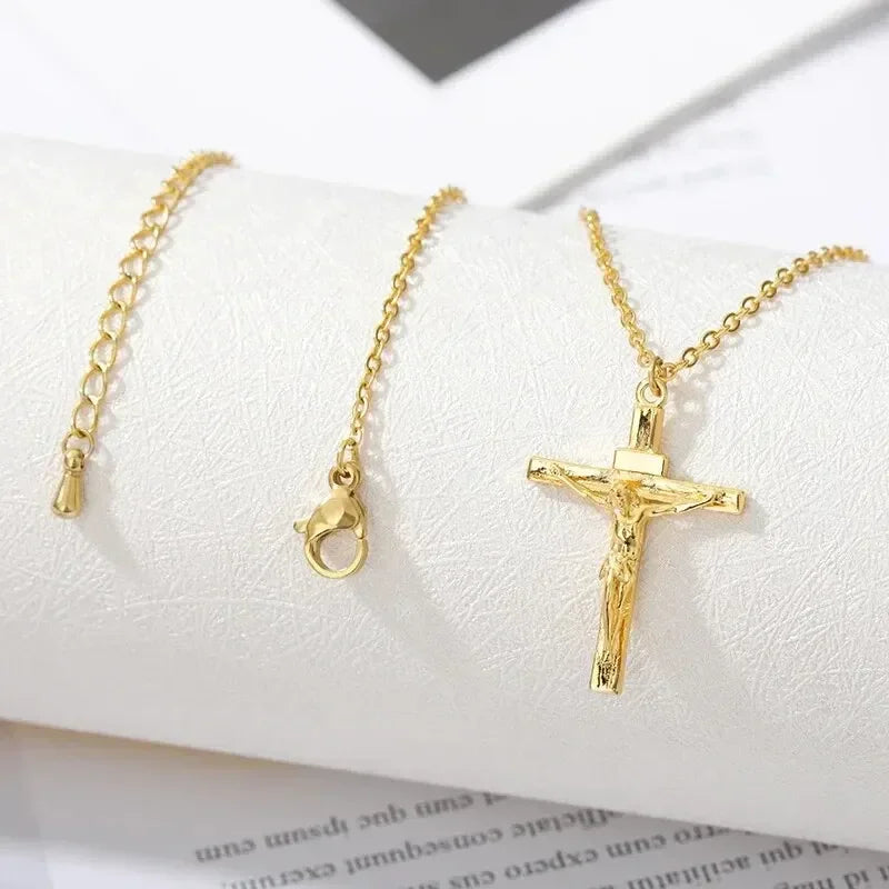 Cross Necklace 18K Gold Plated Religious Pendant Unisex Church Jewelry Gift Hypoallergenic Non-Fading Chain