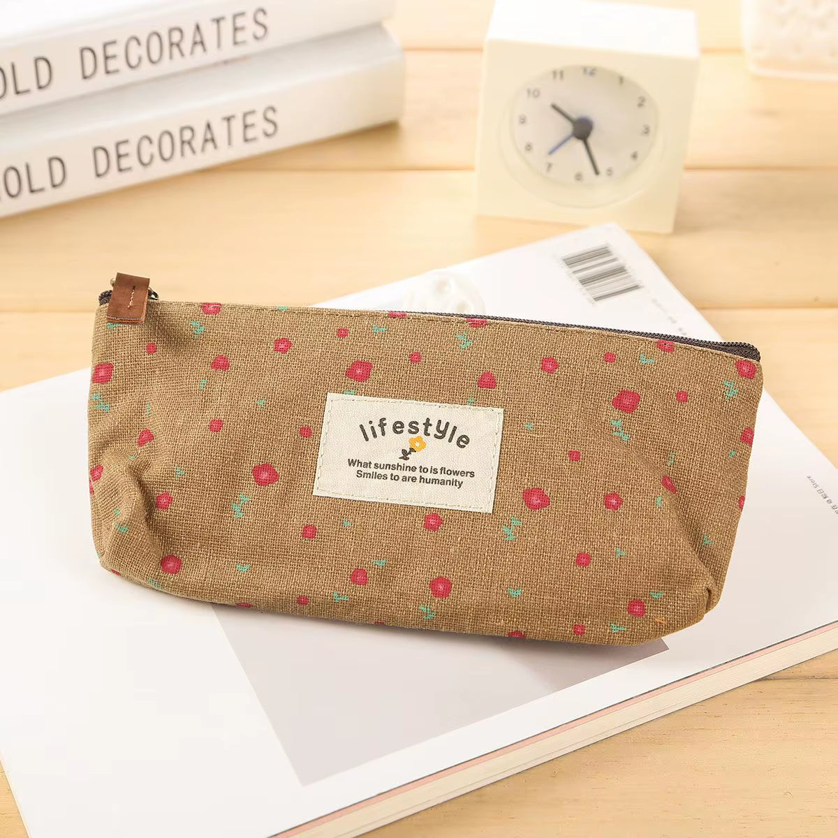 Cute Kawaii Floral Flower Canvas Zipper Pencil Cases Lovely Fabric Flower Tree Pen Bags School Supplies